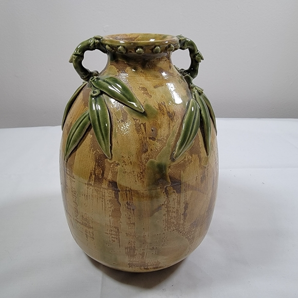 Vintage Handmade Glazed Pottery 8" Tall Earth Tones Bamboo Leaf DetailVase Sign - Picture 6 of 11